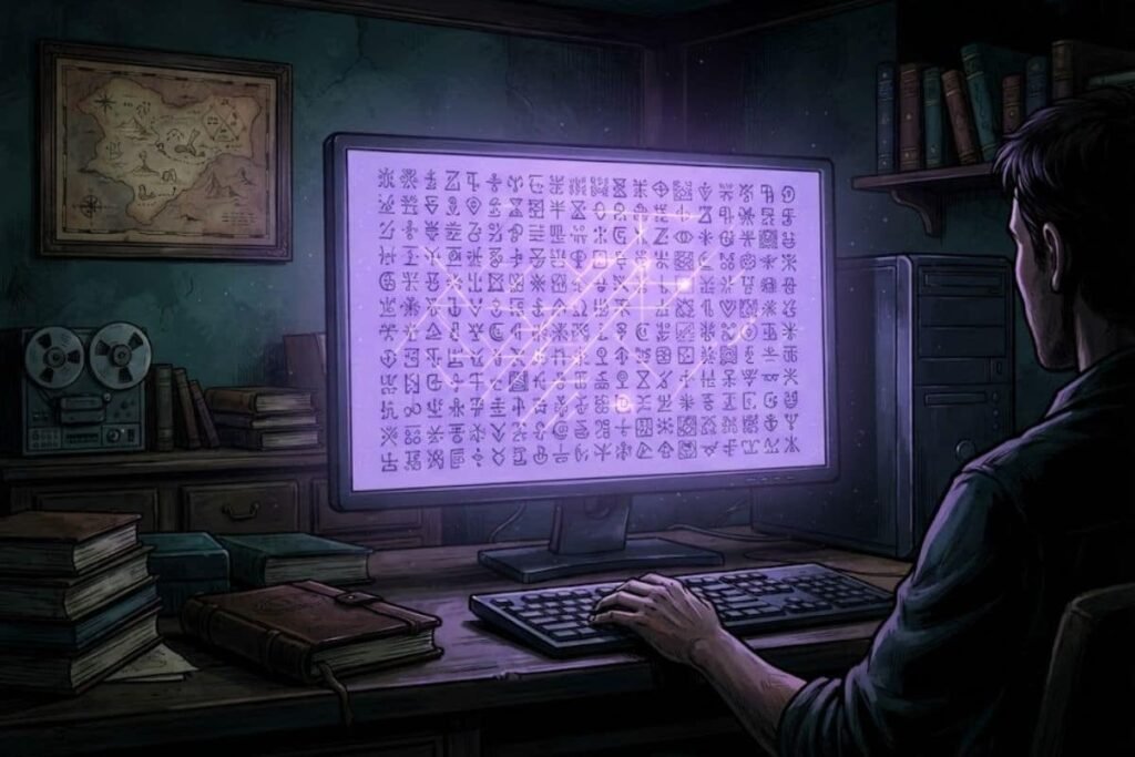 Tampilan layar komputer yang menunjukkan proses pemecahan kode sandi atau kriptogram Zodiac Killer.