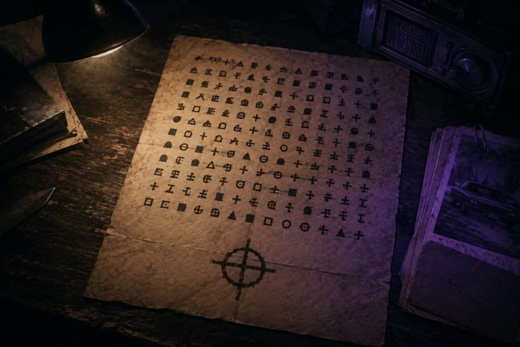 Lembaran surat berisi kode sandi misterius Zodiac Killer di atas meja kayu dengan pencahayaan temaram.