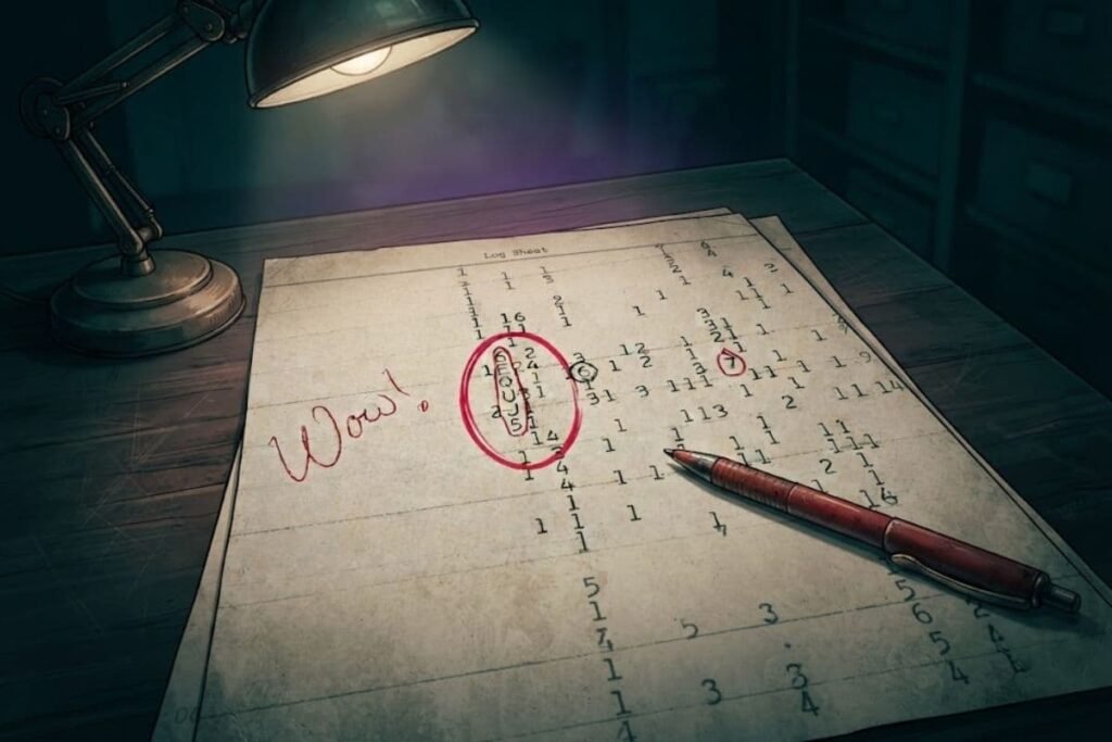 lembar hasil printout berisikan kode acak dimana Jerry Ehman terkaget dan melingkari kode tersebut dengan kata 'Wow!'