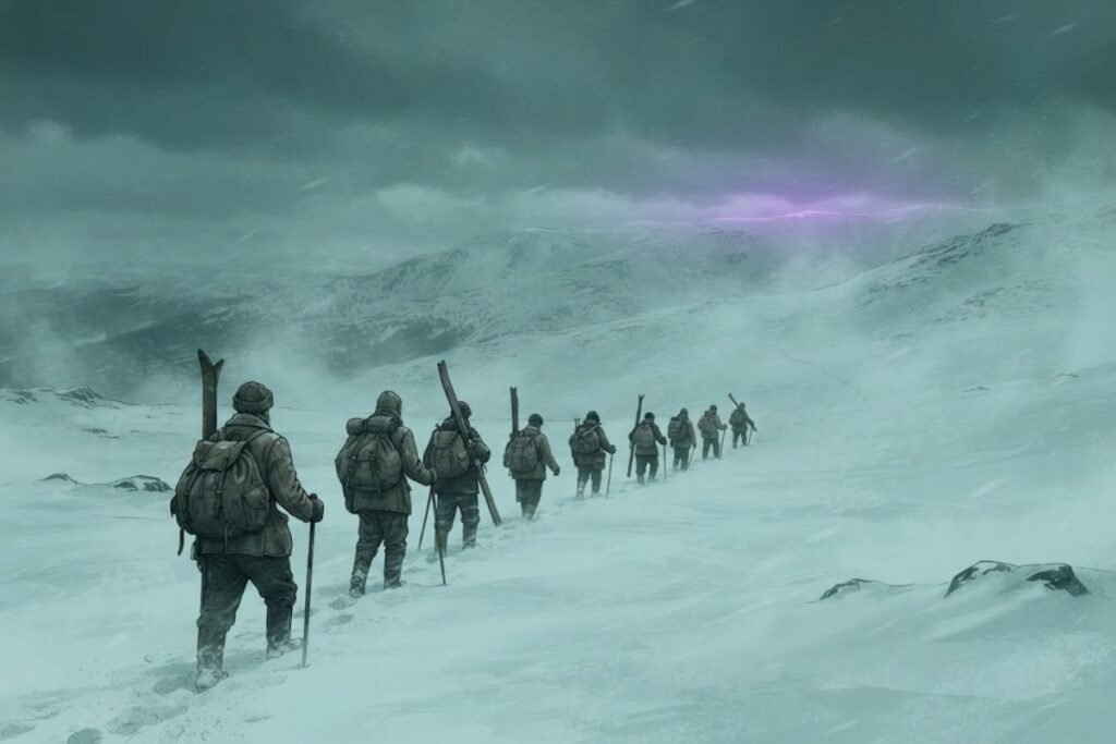 Ilustrasi sembilan pendaki Soviet berjalan beriringan menembus salju tebal Pegunungan Ural sebelum tragedi Dyatlov Pass