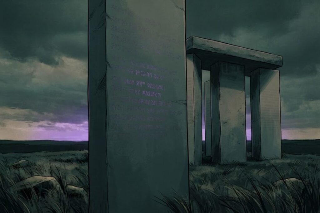 Salah satu lempengan batu granit Georgia Guidestones dalam bidikan close-up yang tajam, memperlihatkan detail ukiran yang telah lapuk dan tertutup bayangan dalam pencahayaan dramatis.