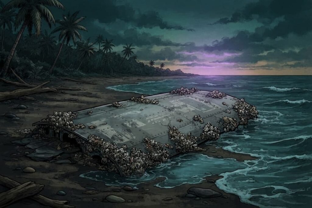 Ilustrasi serpihan flaperon sayap pesawat MH370 yang tertutup teritip terdampar di pesisir pantai Pulau Réunion.