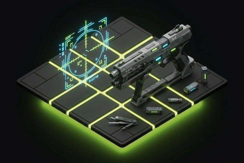 Ilustrasi senjata futuristik dengan bidikan hologram yang merepresentasikan elemen akurasi dan refleks dalam genre game Shooter dan FPS.