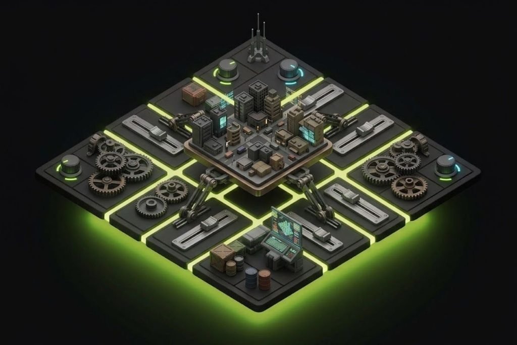 Miniatur tata kota yang dikelilingi roda gigi dan panel kontrol, mengilustrasikan elemen manajemen dan kreativitas dalam genre game Simulation.