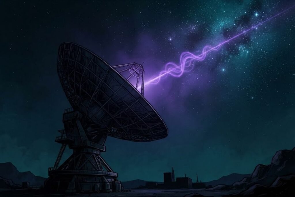 Ilustrasi teleskop radio menangkap sinyal Wow dari luar angkasa