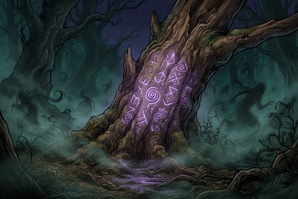 Ilustrasi suasana kelam legenda kutukan kata Croatoan di hutan