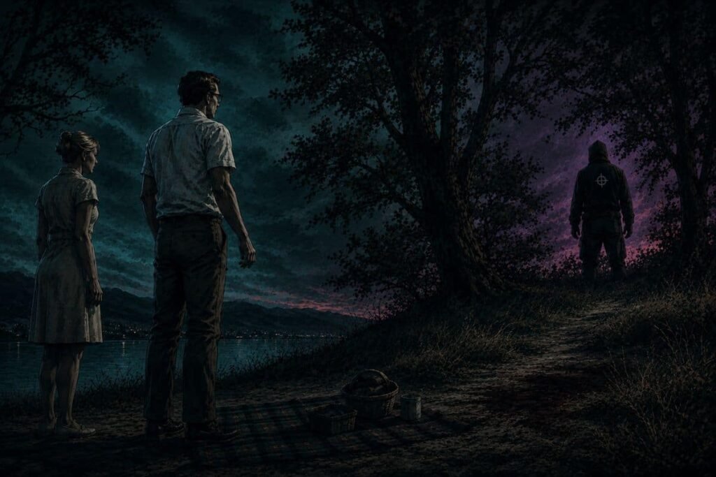 Ilustrasi adegan misterius di tepi danau saat senja yang terkait dengan kasus Zodiac Killer di tepi Danau Berryessa tahun 1969
