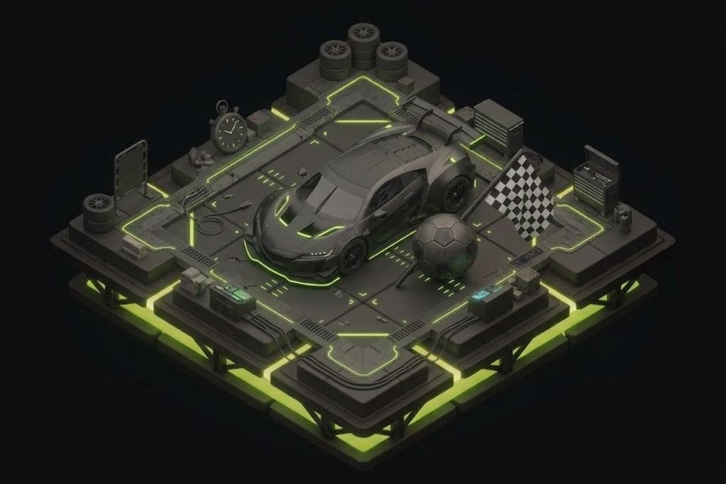 Ilustrasi platform pameran futuristik dengan mobil super balap hitam di sebelah bendera kotak-kotak dan bola sepak untuk menjelaskan genre game Sports dan Racing.