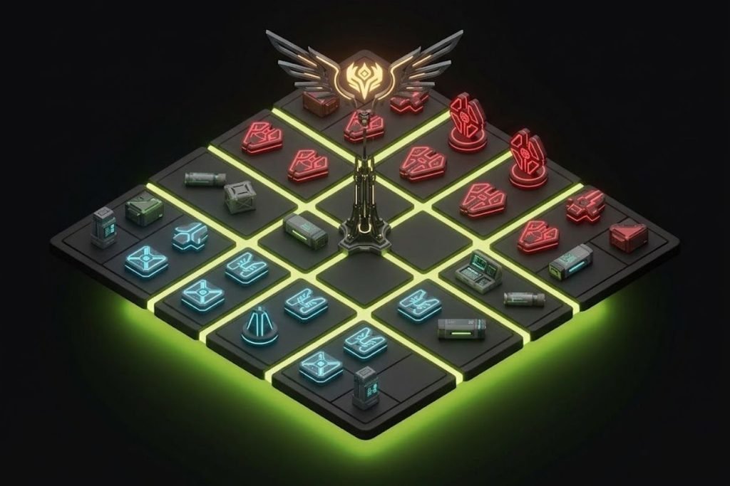 Bidak pasukan biru dan merah di atas papan taktis dengan menara pusat, mengilustrasikan perencanaan dan manajemen sumber daya dalam genre game Strategy.