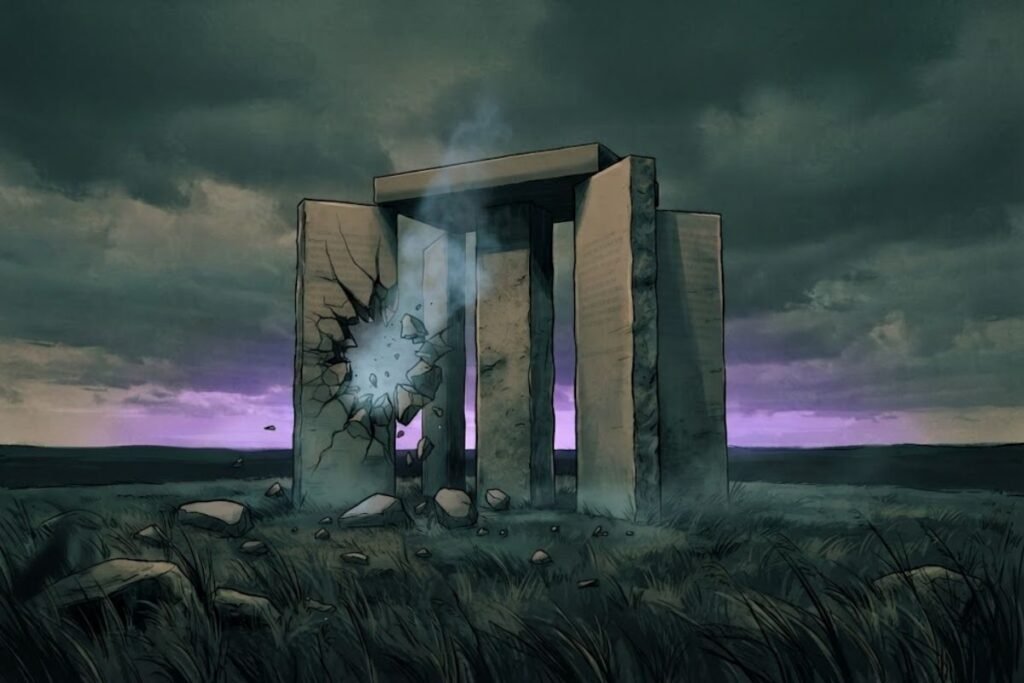 Bagian bawah monumen Georgia Guidestones yang hancur setelah ledakan, dengan asap samar mengepul dari puing-puing batu yang berserakan di rumput kering, menunjukkan adegan kehancuran.