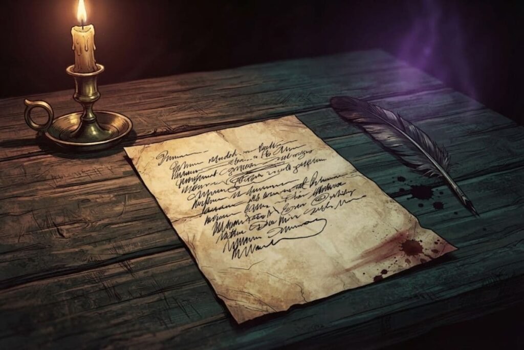 Ilustrasi surat tulisan tangan tua di bawah cahaya lilin, surat Dear Boss Jack the Ripper