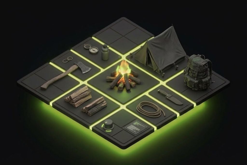 Ilustrasi perlengkapan bertahan hidup seperti tenda, api unggun, dan kapak yang merepresentasikan elemen mengumpulkan sumber daya dalam genre game Survival.