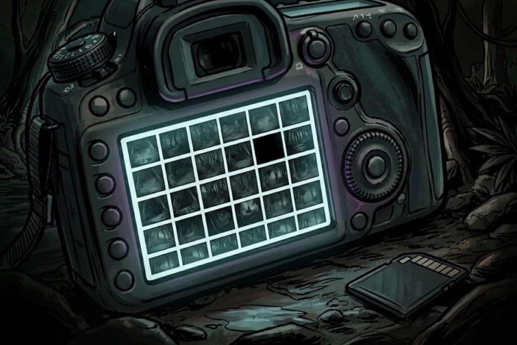 Ilustrasi kamera digital dengan galeri 90 foto malam misterius dan kartu memori dalam kasus hilangnya Kris Kremers dan Lisanne Froon