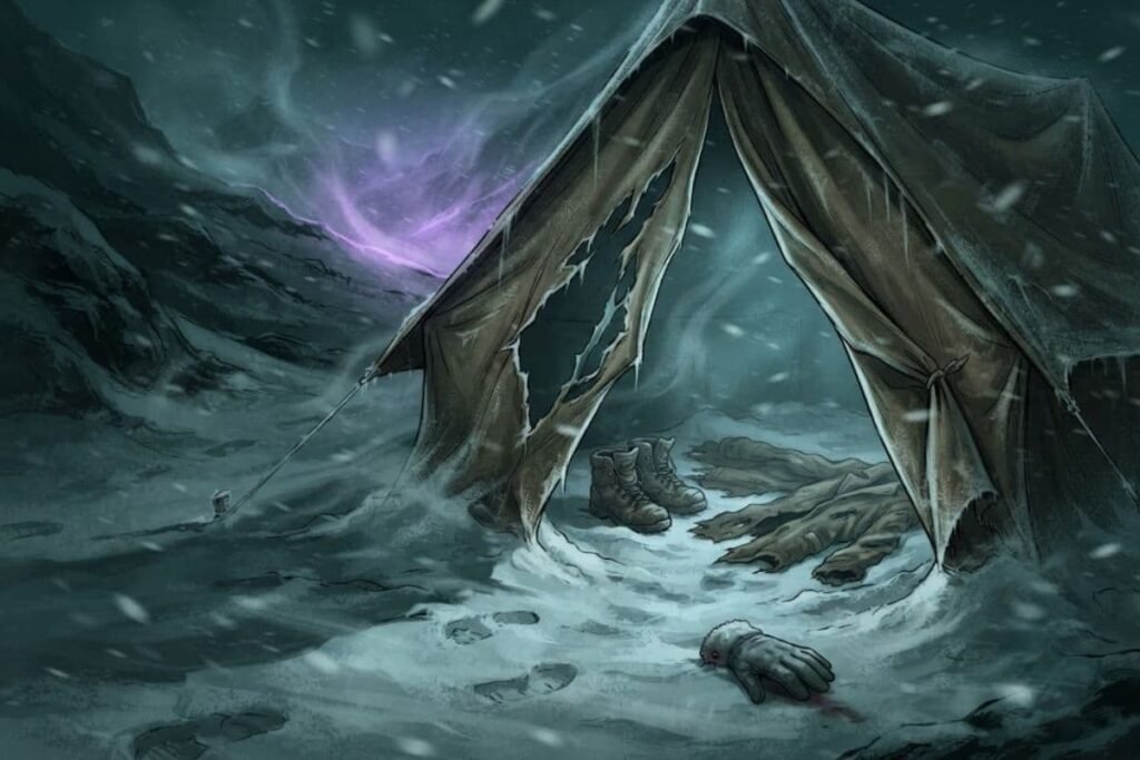 Ilustrasi close-up tenda Dyatlov Pass yang robek dari dalam di lereng bersalju gelap pada malam hari