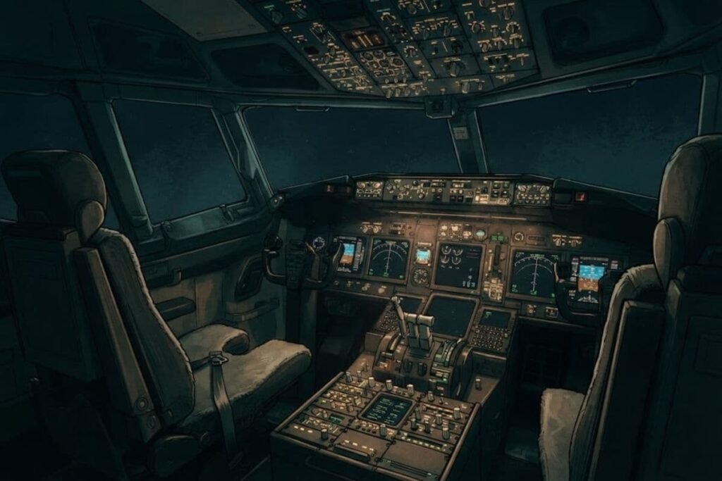 Ilustrasi kokpit pesawat Boeing 777 yang kosong di malam hari, menggambarkan teori keterlibatan pilot dalam pengambilalihan kendali MH370.