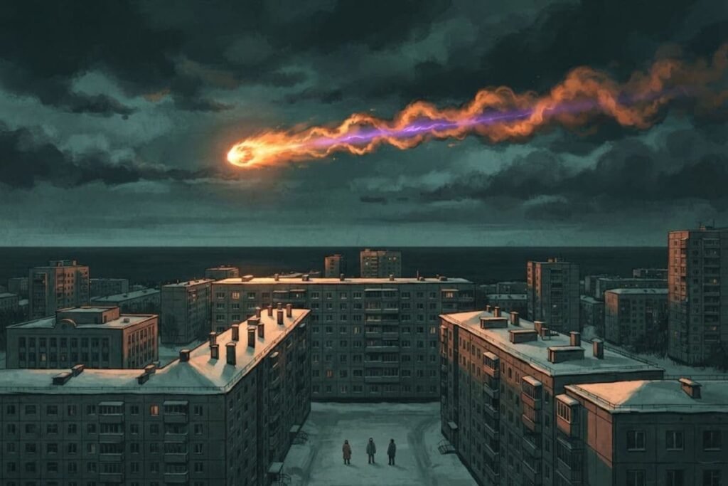 ilustrasi meteorit melintas rendah di atas kota chelyabinsk pada tahun 2013