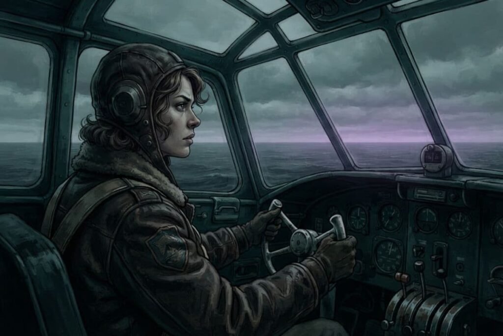 Ilustrasi Amelia Earhart di kokpit pesawat mencari Pulau Howland di tengah lautan Pasifik