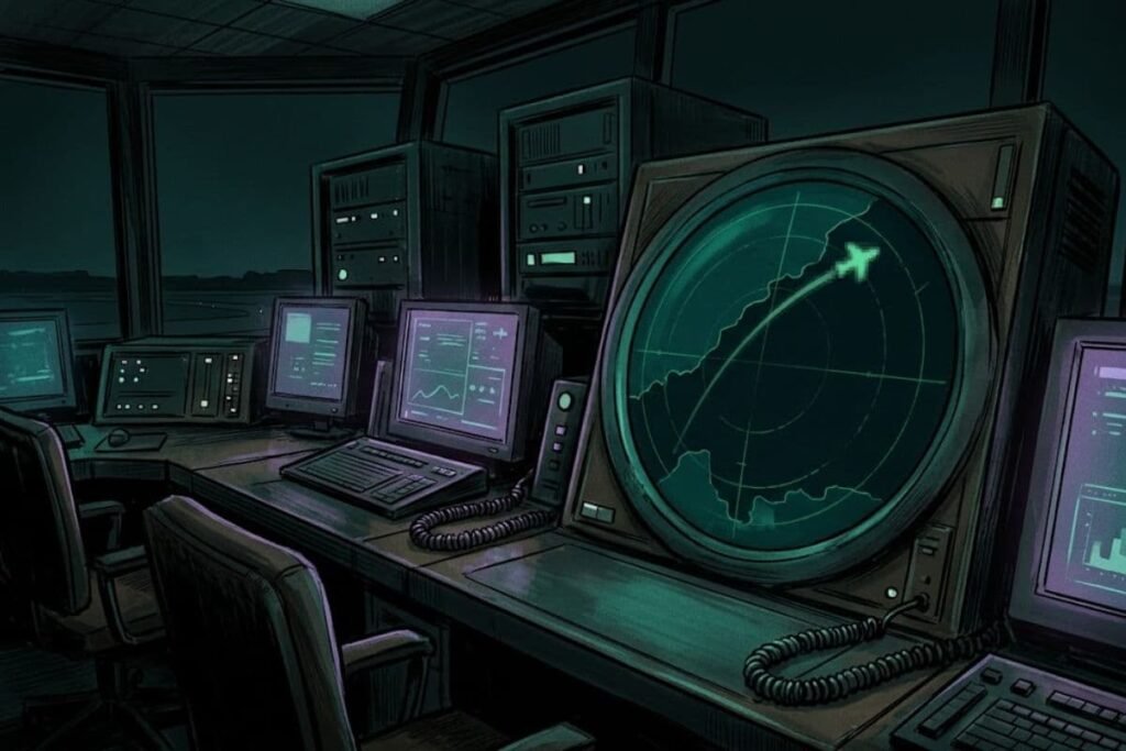 Layar radar ruang kontrol lalu lintas udara yang menunjukkan titik hilang penerbangan MH370 di samudra.
