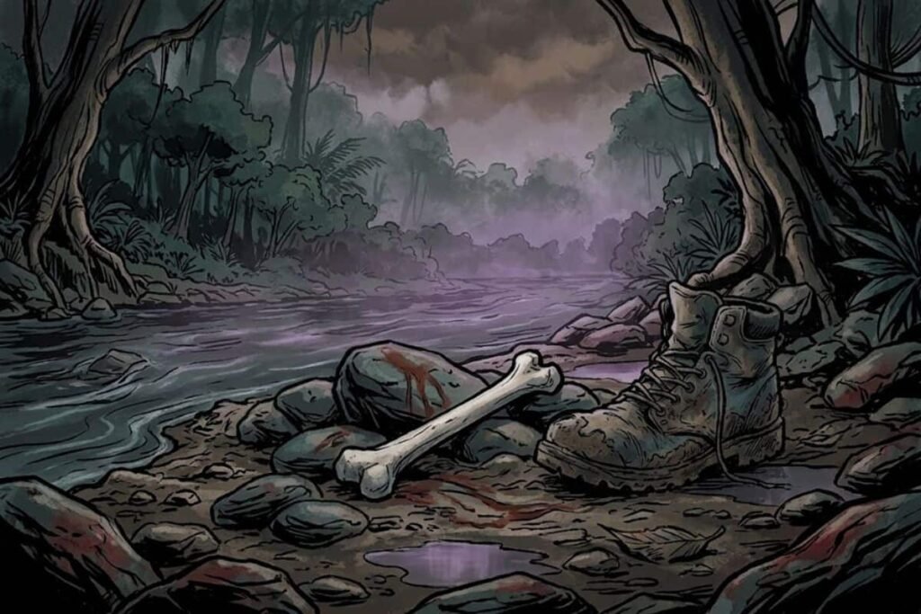 Ilustrasi sisa tulang kaki dan sepatu bot yang ditemukan di pinggir sungai hutan dalam kasus hilangnya Kris Kremers dan Lisanne Froon.