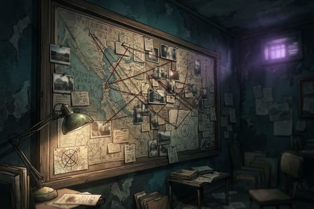 Papan investigasi kasus yang dipenuhi peta, foto klue, dan benang penghubung misteri pembunuhan zodiac killer.