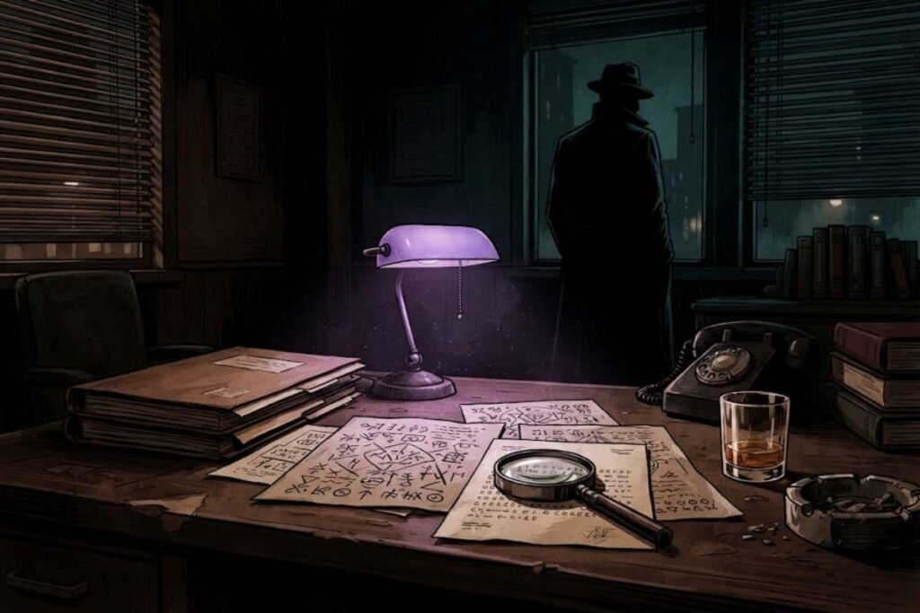 Ilustrasi bergaya noir kasus misteri Zodiac Killer dengan surat sandi