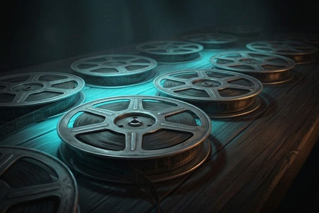 Deretan rol film klasik dengan pencahayaan misterius di atas meja kayu, merepresentasikan daftar 15 rekomendasi film thriller Indonesia terbaik.