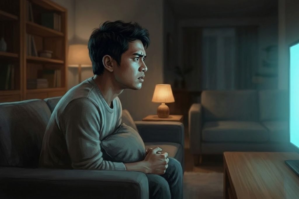 Seorang pria duduk tegang dengan tatapan intens ke layar televisi, mengilustrasikan ketegangan psikologis yang membuat film thriller berbeda dari horor.