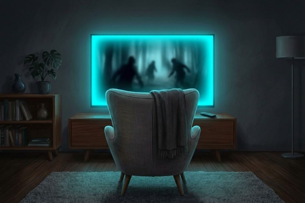 Kursi santai menghadap layar televisi yang menampilkan adegan misterius di ruangan temaram, mengilustrasikan kesimpulan dari daftar rekomendasi film thriller Indonesia terbaik.