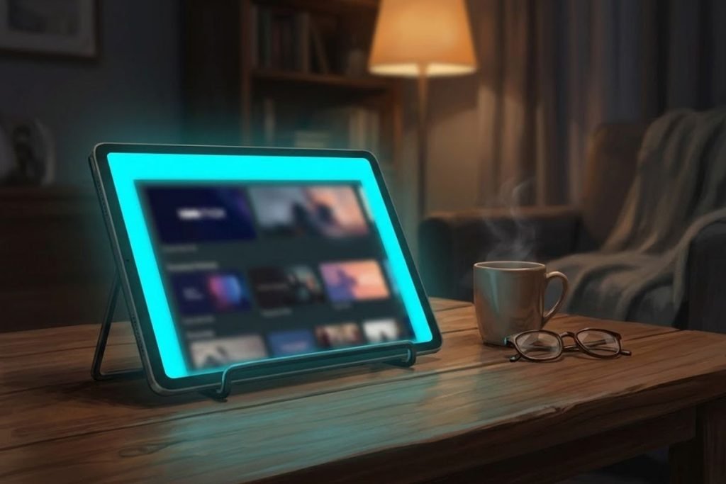 Tablet yang menampilkan antarmuka aplikasi platform streaming legal di meja kayu, mengilustrasikan panduan tempat menonton film thriller Indonesia terbaik.