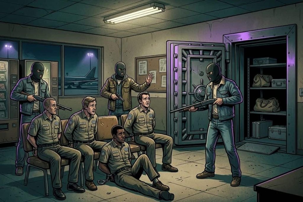 Ilustrasi perampok bersenjata bertopeng menyandera pegawai kargo di dekat brankas terbuka, merepresentasikan eksekusi 64 menit kasus Lufthansa Heist.