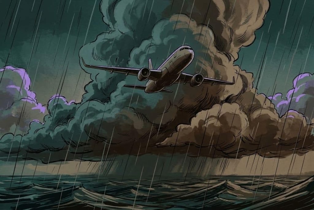 Ilustrasi pesawat penumpang menembus awan badai dan hujan deras di atas laut, merepresentasikan detik-detik lenyapnya penerbangan Adam Air 574 di Segitiga Masalembo.