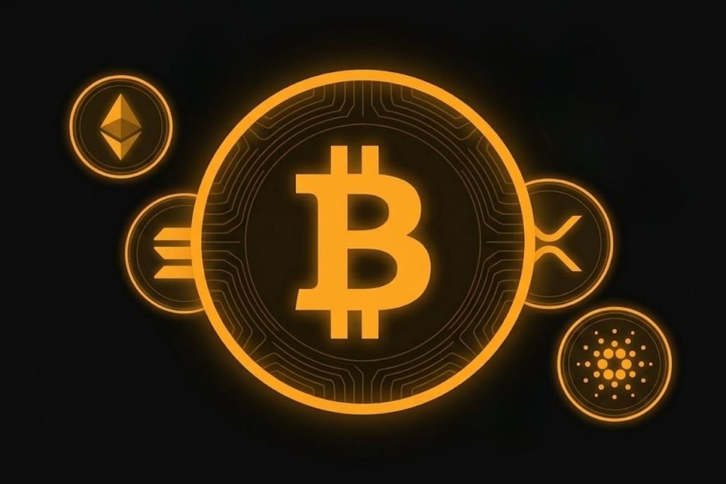 Ilustrasi koin Bitcoin besar dikelilingi altcoin seperti Ethereum, Solana, XRP, dan Cardano.