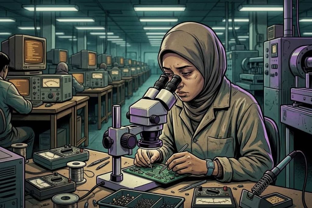 Ilustrasi buruh perempuan berhijab yang kelelahan saat bekerja dengan mikroskop di pabrik, merepresentasikan tekanan psikologis pemicu penyakit psikogenik massal.