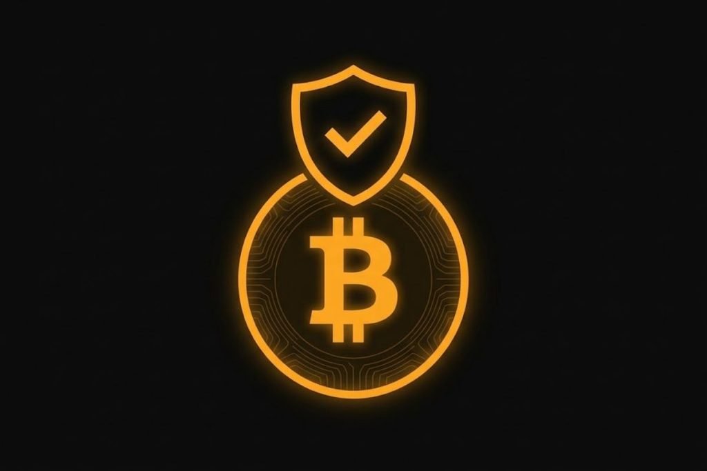 Ilustrasi koin Bitcoin dengan ikon perisai centang untuk legalitas dan regulasi kripto di Indonesia.