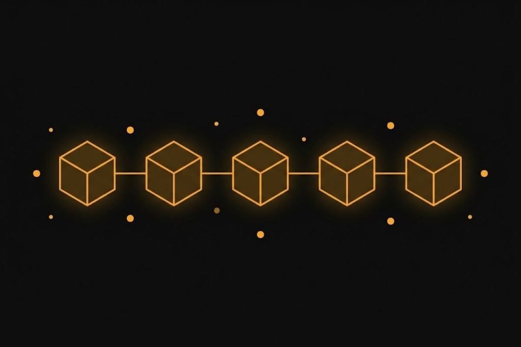 Ilustrasi rantai blok digital 3D bercahaya untuk konsep cara kerja teknologi blockchain Bitcoin.