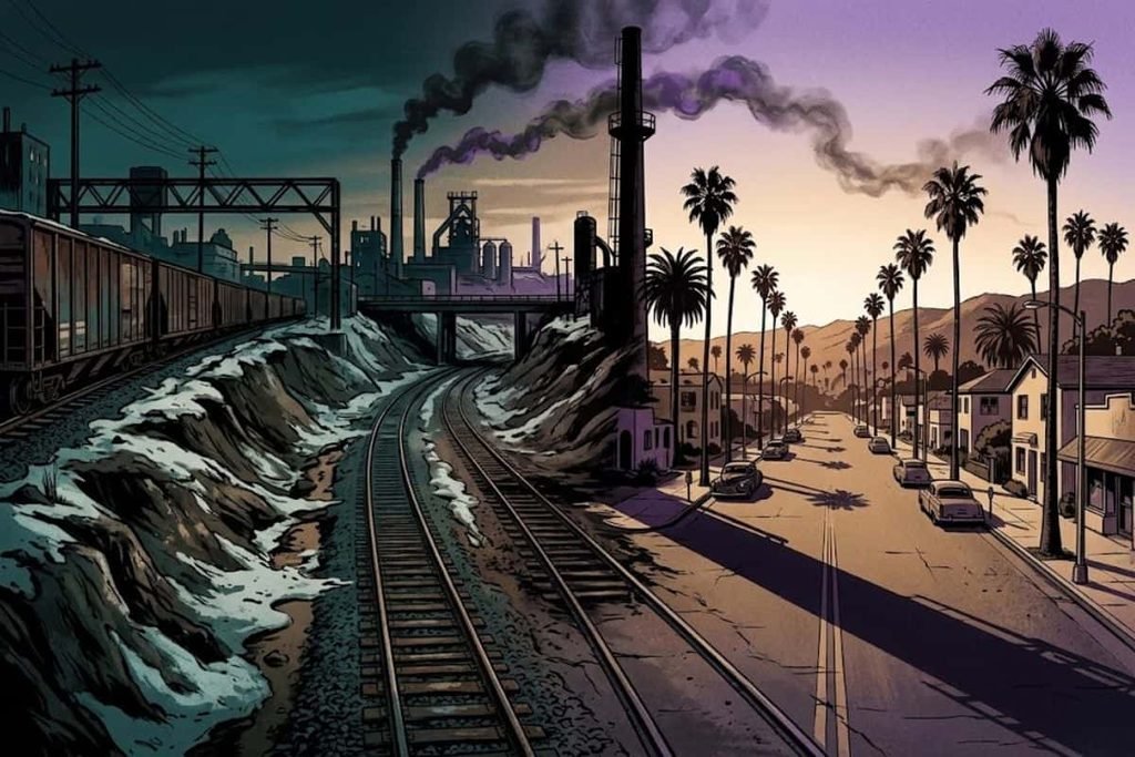 Ilustrasi gabungan kawasan industri Cleveland yang dingin dan jalanan berpalem Los Angeles yang cerah, merepresentasikan spekulasi kepindahan pembunuh Mad Butcher.