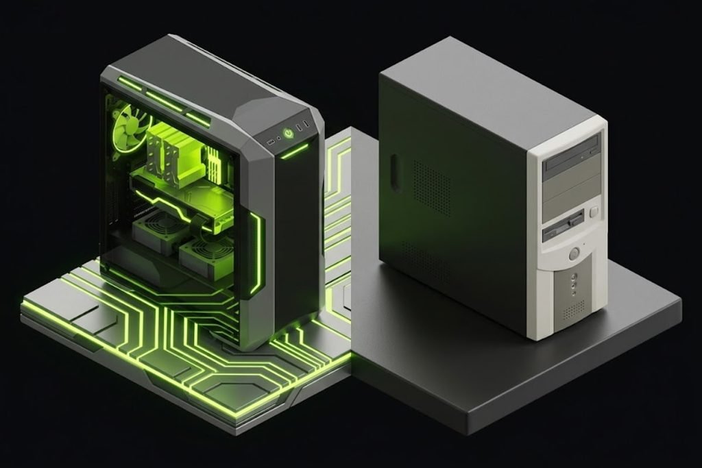 Perbandingan berdampingan antara PC gaming dengan komponen bertenaga dan kipas pendingin di sebelah kiri, dan komputer desktop biasa di sebelah kanan, mengilustrasikan beda PC gaming dan PC biasa.