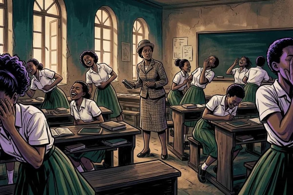Ilustrasi suasana kelas di sekolah asrama Kashasha saat wabah tertawa 1962 bermula, memperlihatkan siswi-siswi yang tertawa histeris tak terkendali di hadapan guru yang kebingungan.