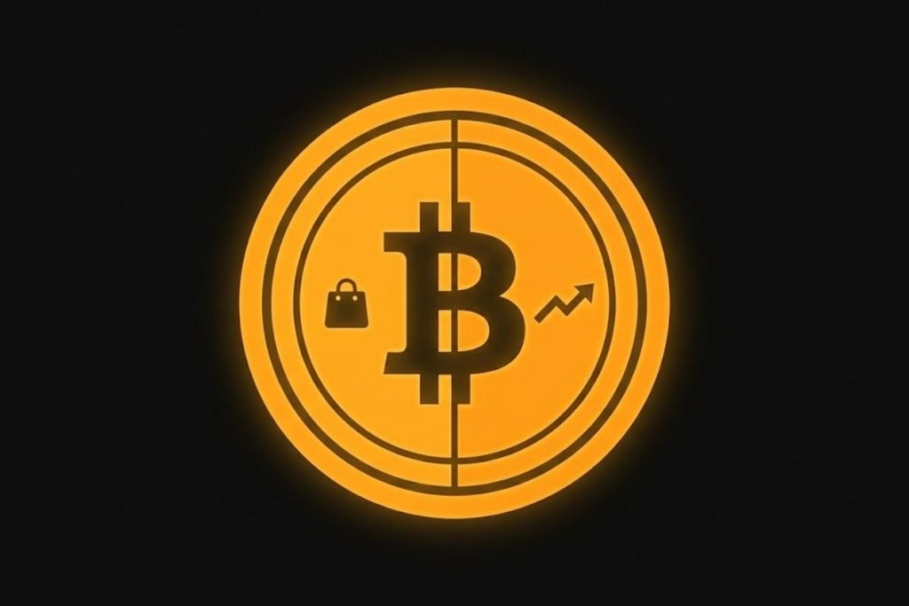 Konsep dualitas fungsi Bitcoin sebagai alat pembayaran dan aset investasi.