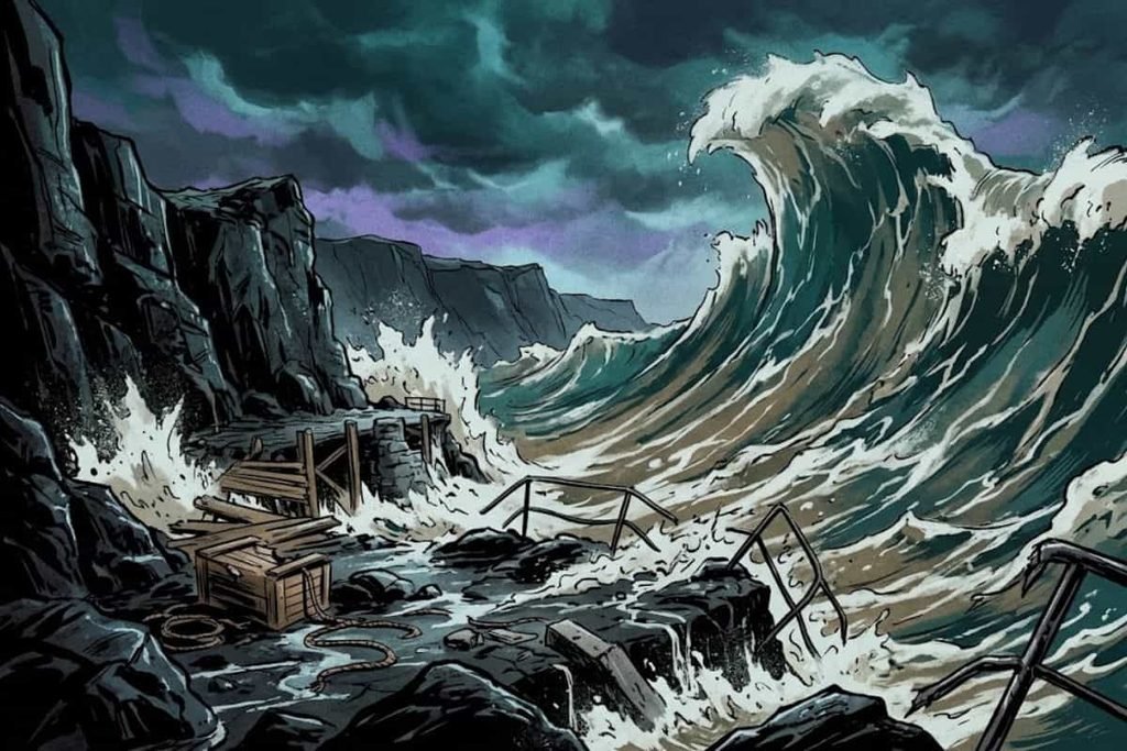 Ilustrasi gelombang raksasa menghantam dermaga dan tebing barat Eilean Mor, merepresentasikan Bukti yang Terabaikan di Tebing Barat dalam Misteri Mercusuar Flannan.