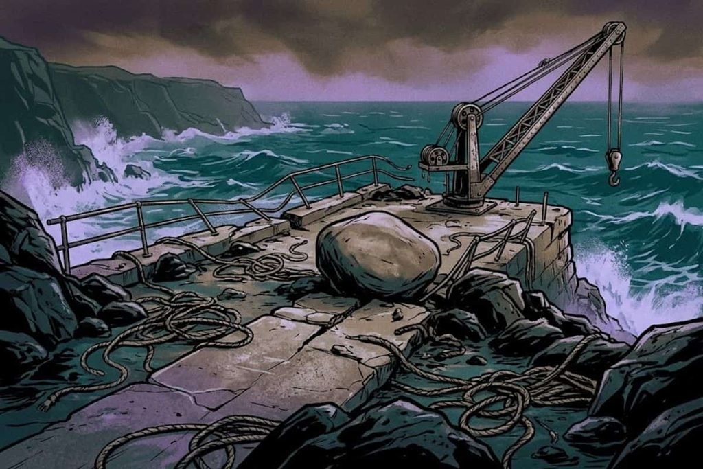 Ilustrasi kerusakan parah di dermaga barat Eilean Mor, menampilkan batu raksasa terlempar, pagar besi bengkok, dan tali terserak sebagai bukti amukan badai di Flannan Isles.