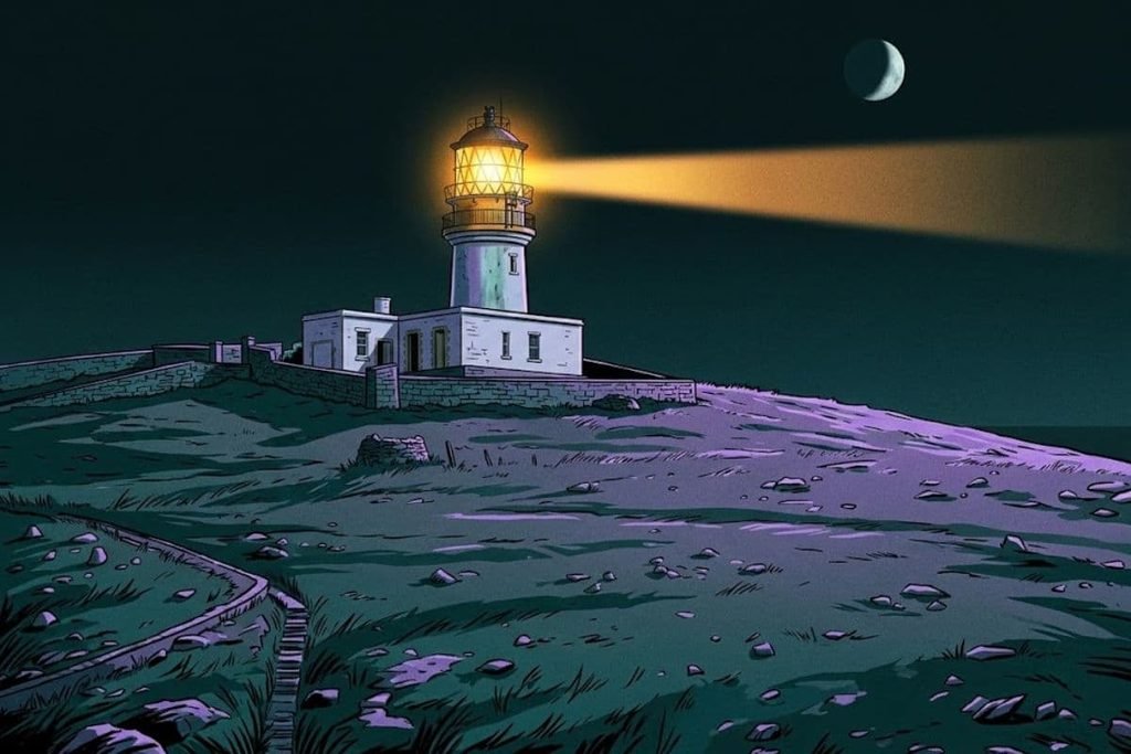 Ilustrasi Mercusuar Flannan Isles di pulau Eilean Mor yang terus memancarkan cahaya di malam hari, merepresentasikan keheningan abadi setelah misteri lenyapnya tiga penjaga.