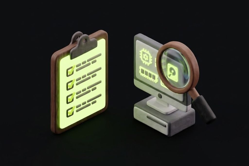 Ilustrasi 3D papan checklist dan kaca pembesar yang memeriksa komputer, merepresentasikan langkah dan cara cek game bakal lancar di PC atau laptop kentang sebelum diunduh.