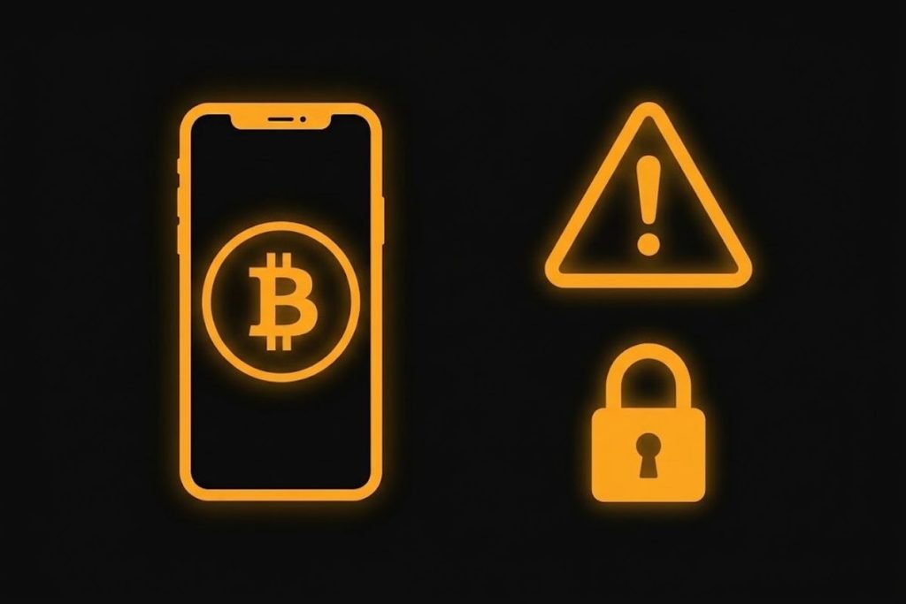 Ilustrasi aplikasi dompet Bitcoin di smartphone disandingkan dengan ikon peringatan risiko dan gembok keamanan.