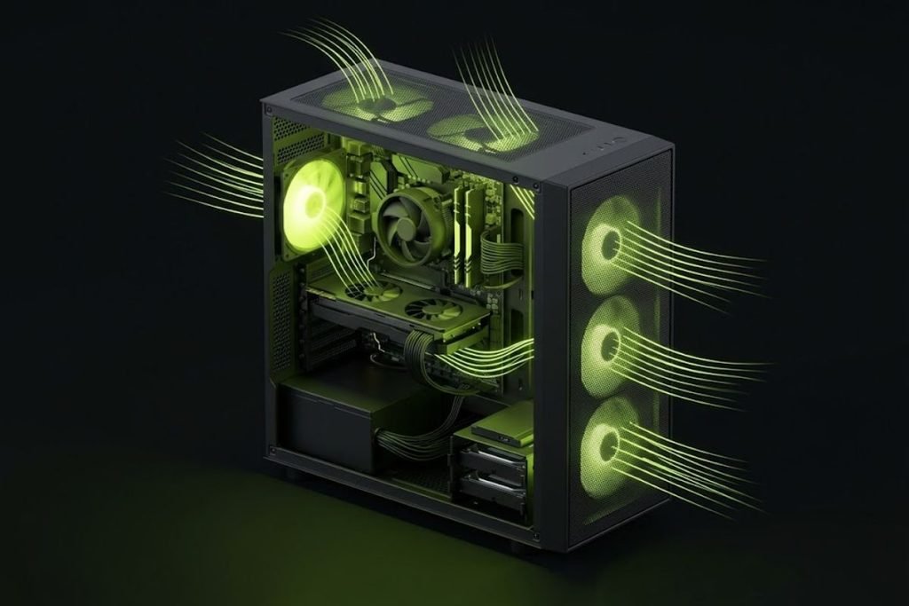 Ilustrasi 3D casing PC gaming dengan simulasi aliran udara masuk dari depan dan keluar melalui belakang, merepresentasikan fungsinya sebagai rumah komponen sekaligus pengatur sirkulasi udara.