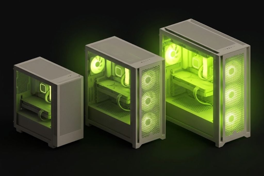 Ilustrasi 3D tiga ukuran casing komputer yang berbeda, merepresentasikan perbandingan contoh komponen PC gaming dari kelas budget ramah kantong hingga kelas atas.