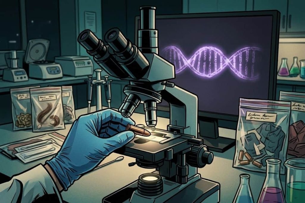 Ilustrasi pengujian forensik pada sebuah peluru di bawah mikroskop dengan layar menampilkan struktur DNA, merepresentasikan temuan bukti baru 2024 dalam misteri Monster of Florence.