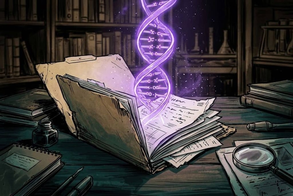 Ilustrasi untaian DNA bercahaya yang muncul dari berkas penyelidikan usang, merepresentasikan terobosan genealogi genetik forensik yang berhasil mengungkap identitas Joseph Augustus Zarelli dalam kasus Boy in the Box.