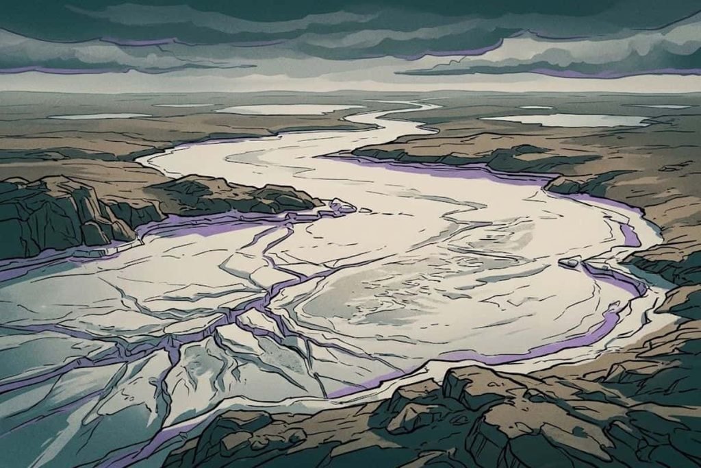 Ilustrasi bentang alam sungai dan danau terpencil di wilayah Nunavut, merepresentasikan lokasi geografis Danau Anjikuni di Kanada.