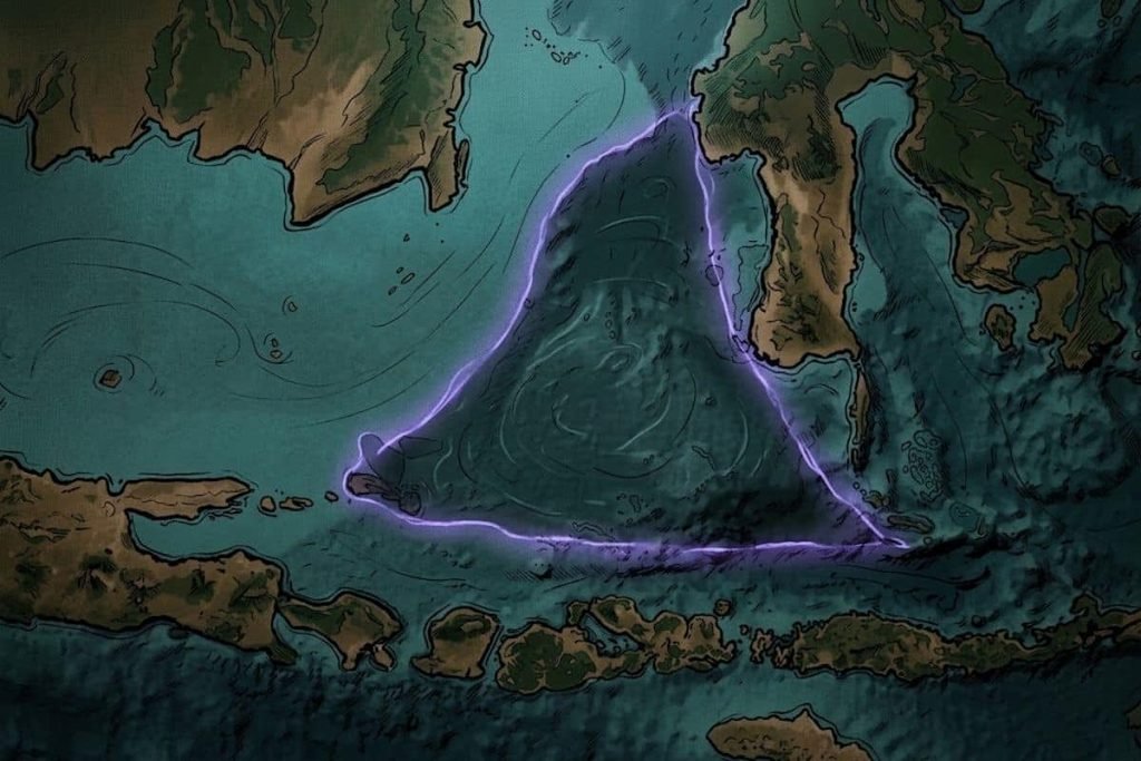 Ilustrasi peta maritim dengan garis ungu pembentuk Segitiga Masalembo, merepresentasikan letak geografis pertemuan arus perairan berbahaya di Indonesia.